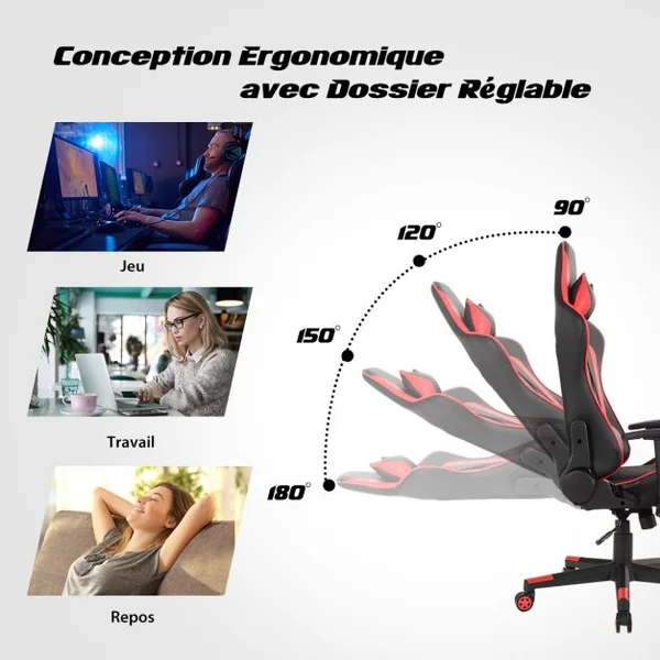 Chaise Gaming de Bascule Siège Gamer Pivotante Ergonomique Fauteuil de Bureau Réglable en Hauteur et Dossier Réglable Support Lombaire et Poche Rouge