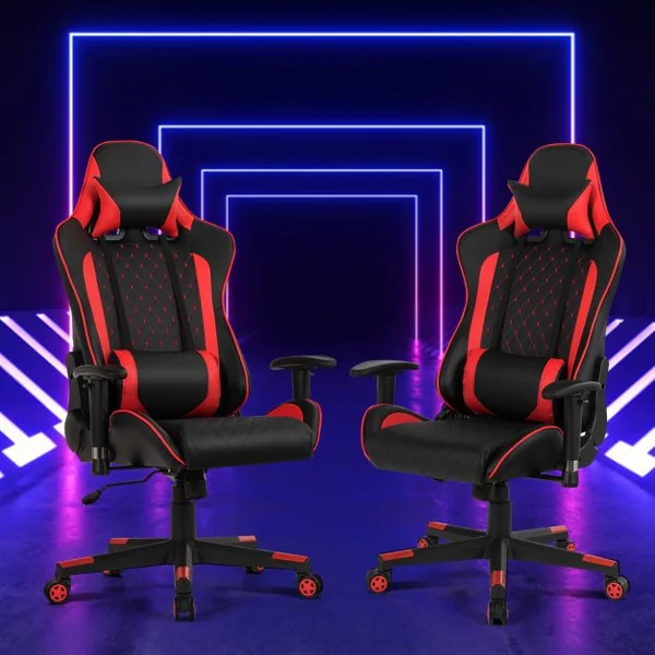 Chaise Gaming de Bascule Siège Gamer Pivotante Ergonomique Fauteuil de Bureau Réglable en Hauteur et Dossier Réglable Support Lombaire et Poche Rouge
