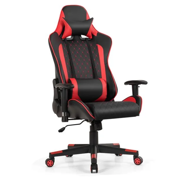 Chaise Gaming de Bascule Siège Gamer Pivotante Ergonomique Fauteuil de Bureau Réglable en Hauteur et Dossier Réglable Support Lombaire et Poche Rouge