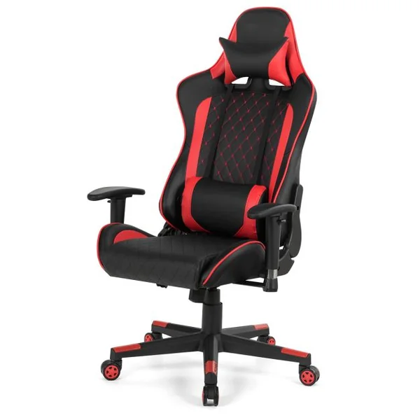 Chaise Gaming de Bascule Siège Gamer Pivotante Ergonomique Fauteuil de Bureau Réglable en Hauteur et Dossier Réglable Support Lombaire et Poche Rouge
