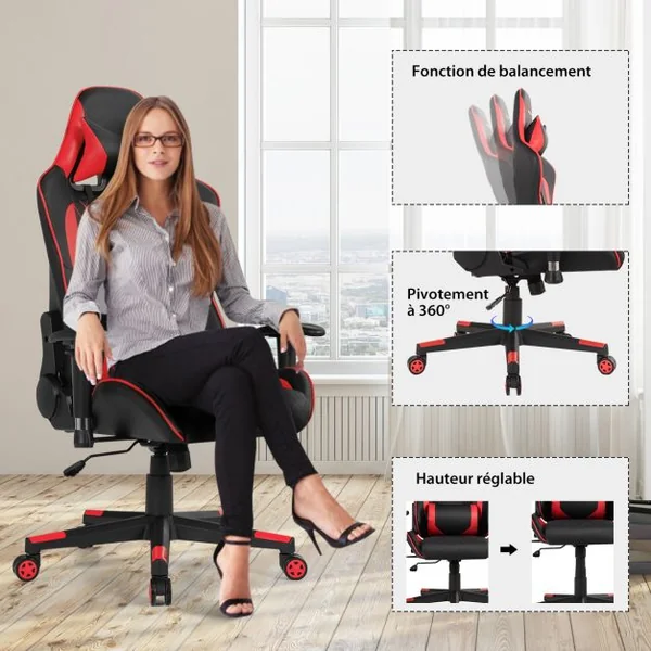 Chaise Gaming de Bascule Siège Gamer Pivotante Ergonomique Fauteuil de Bureau Réglable en Hauteur et Dossier Réglable Support Lombaire et Poche Rouge