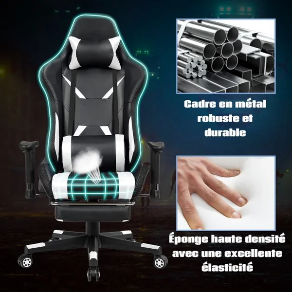 Chaise Gaming Fauteuil de Bureau Hauteur Ajustable et Dossier Inclinable Repose Pieds Inclus Blanc