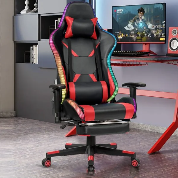 Chaise Gaming Fauteuil de Bureau Hauteur Ajustable et Dossier Inclinable Repose Pieds Inclus Bleu/Rouge