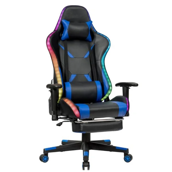 Chaise Gaming Fauteuil de Bureau Hauteur Ajustable et Dossier Inclinable Repose Pieds Inclus Bleu/Rouge