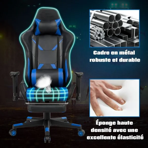Chaise Gaming Fauteuil de Bureau Hauteur Ajustable et Dossier Inclinable Repose Pieds Inclus Bleu/Rouge