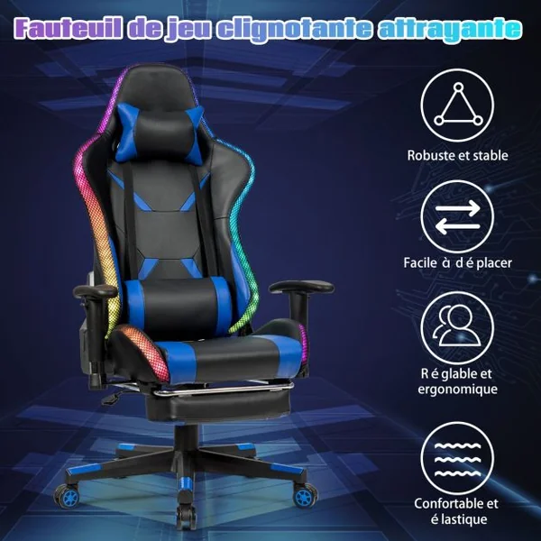 Chaise Gaming Fauteuil de Bureau Hauteur Ajustable et Dossier Inclinable Repose Pieds Inclus Bleu/Rouge