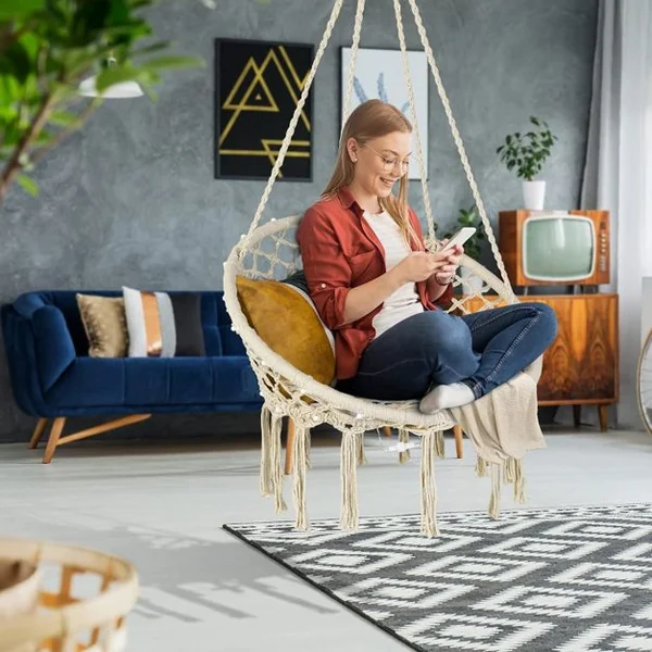 Chaise Hamac Macramé Balançoire Chaise Hamac Suspendue avec Lumières LED Chaise Balançoire Hamac en Corde de Coton Suspendue