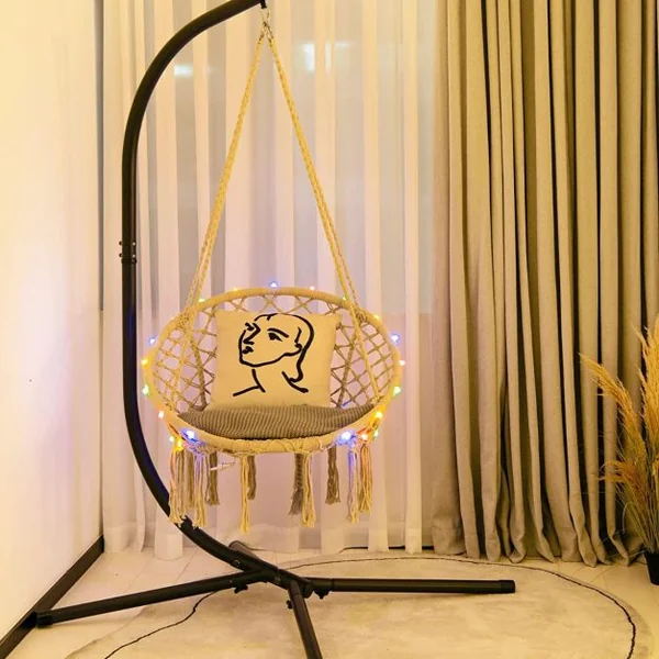 Chaise Hamac Macramé Balançoire Chaise Hamac Suspendue avec Lumières LED Chaise Balançoire Hamac en Corde de Coton Suspendue
