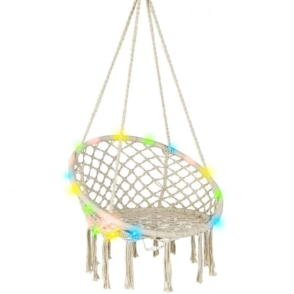 Chaise Hamac Macramé Balançoire Chaise Hamac Suspendue avec Lumières LED Chaise Balançoire Hamac en Corde de Coton Suspendue