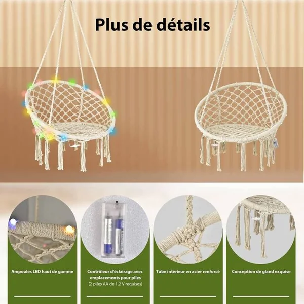 Chaise Hamac Macramé Balançoire Chaise Hamac Suspendue avec Lumières LED Chaise Balançoire Hamac en Corde de Coton Suspendue
