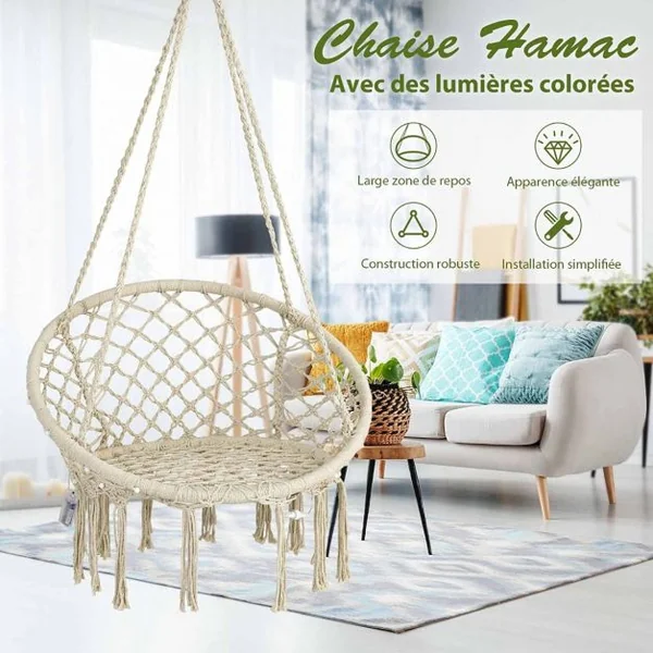 Chaise Hamac Macramé Balançoire Chaise Hamac Suspendue avec Lumières LED Chaise Balançoire Hamac en Corde de Coton Suspendue