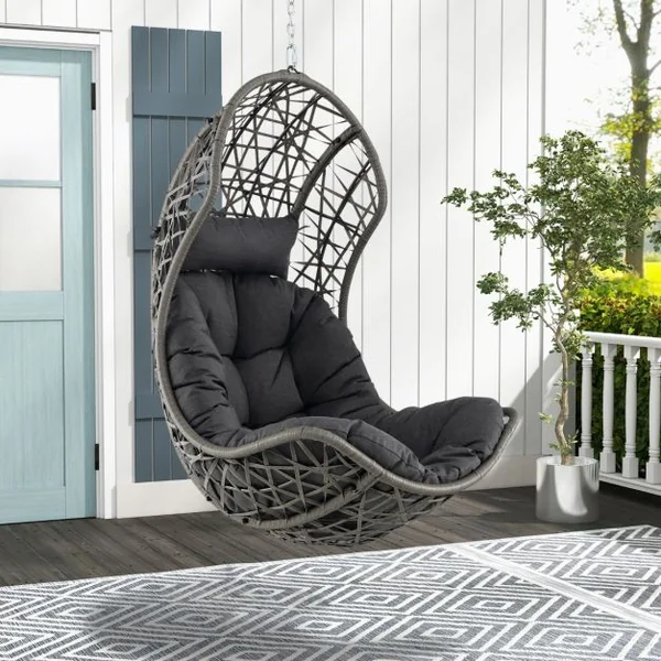 Chaise Hamac Suspendue en Rotin PE avec Oreiller et Coussin Doux Chaise Panier avec Cadre en Métal et Accessoires de Suspension Gris