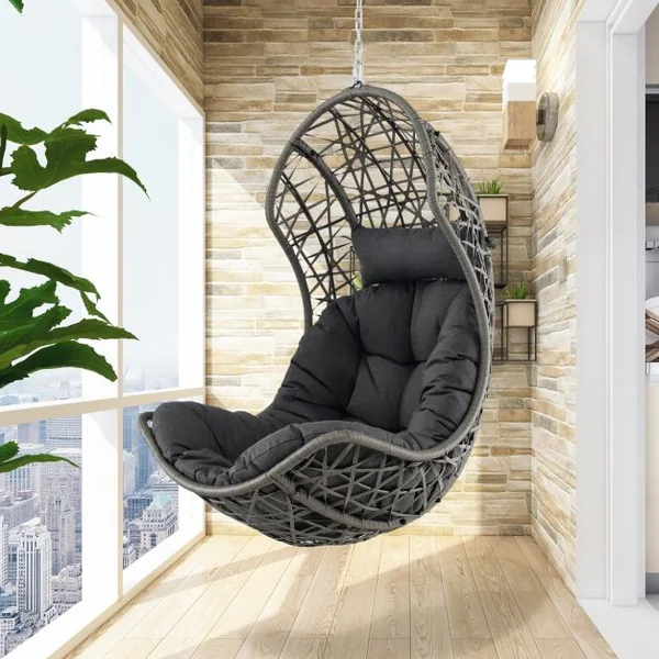 Chaise Hamac Suspendue en Rotin PE avec Oreiller et Coussin Doux Chaise Panier avec Cadre en Métal et Accessoires de Suspension Gris