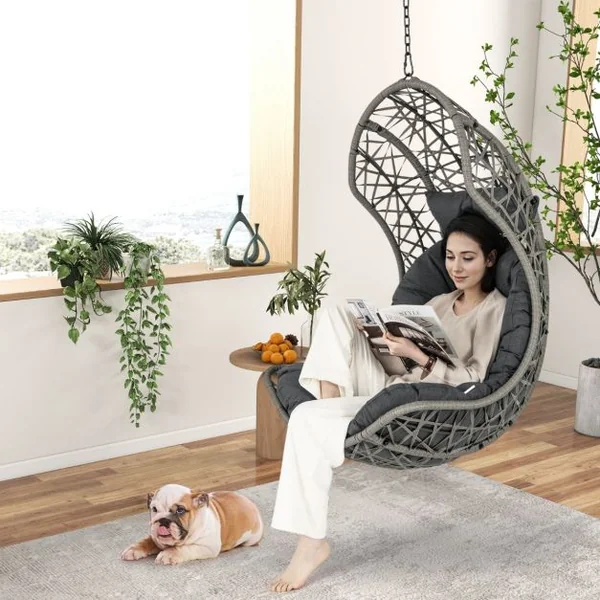 Chaise Hamac Suspendue en Rotin PE avec Oreiller et Coussin Doux Chaise Panier avec Cadre en Métal et Accessoires de Suspension Gris