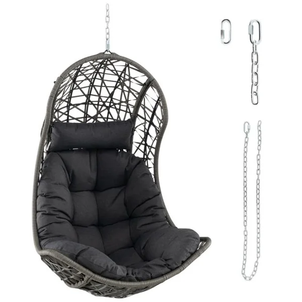 Chaise Hamac Suspendue en Rotin PE avec Oreiller et Coussin Doux Chaise Panier avec Cadre en Métal et Accessoires de Suspension Gris