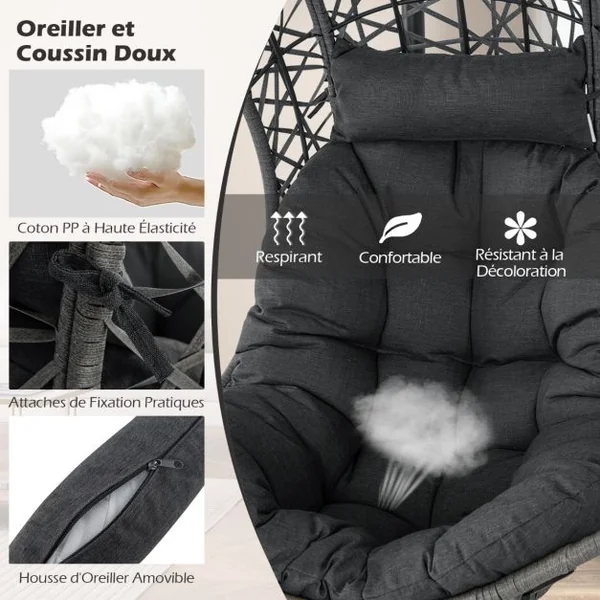 Chaise Hamac Suspendue en Rotin PE avec Oreiller et Coussin Doux Chaise Panier avec Cadre en Métal et Accessoires de Suspension Gris