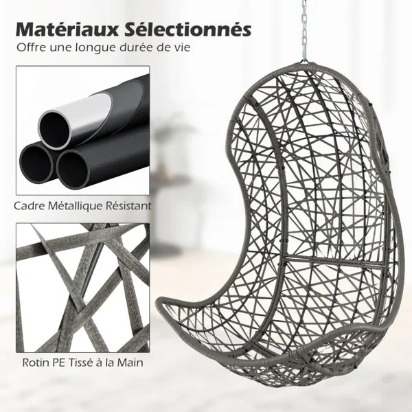 Chaise Hamac Suspendue en Rotin PE avec Oreiller et Coussin Doux Chaise Panier avec Cadre en Métal et Accessoires de Suspension Gris