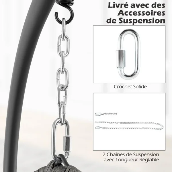 Chaise Hamac Suspendue en Rotin PE avec Oreiller et Coussin Doux Chaise Panier avec Cadre en Métal et Accessoires de Suspension Gris