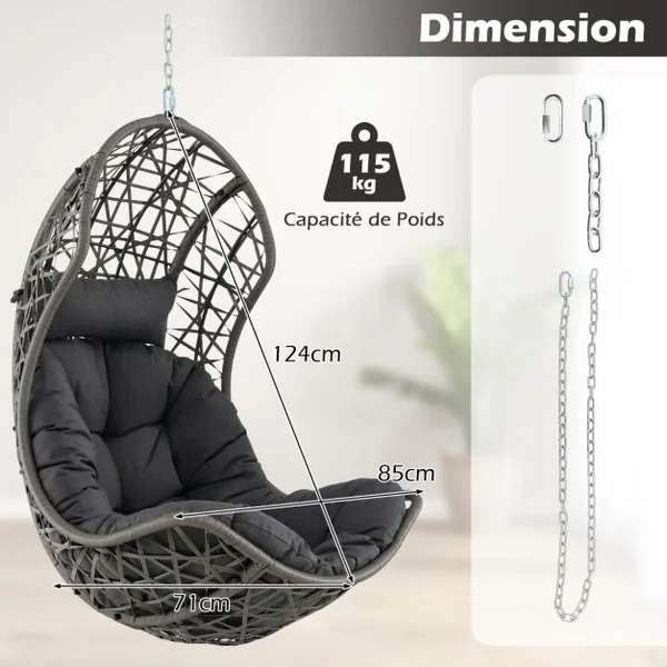 Chaise Hamac Suspendue en Rotin PE avec Oreiller et Coussin Doux Chaise Panier avec Cadre en Métal et Accessoires de Suspension Gris