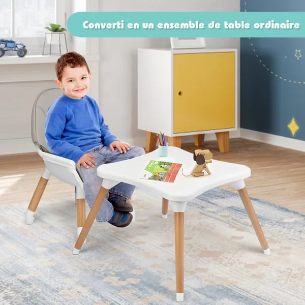 Chaise Haute Bébé 4 en 1 Plateau Réglable en 4 Etapes avec Coussin Amovible Repose-Pieds pour Bébé 6 Mois-3 Ans Charge 15KG Café/Gris/Kaki