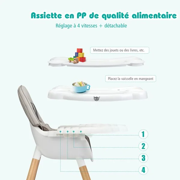 Chaise Haute Bébé 4 en 1 Plateau Réglable en 4 Etapes avec Coussin Amovible Repose-Pieds pour Bébé 6 Mois-3 Ans Charge 15KG Café/Gris/Kaki