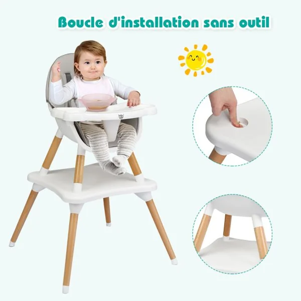 Chaise Haute Bébé 4 en 1 Plateau Réglable en 4 Etapes avec Coussin Amovible Repose-Pieds pour Bébé 6 Mois-3 Ans Charge 15KG Café/Gris/Kaki