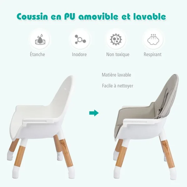Chaise Haute Bébé 4 en 1 Plateau Réglable en 4 Etapes avec Coussin Amovible Repose-Pieds pour Bébé 6 Mois-3 Ans Charge 15KG Café/Gris/Kaki
