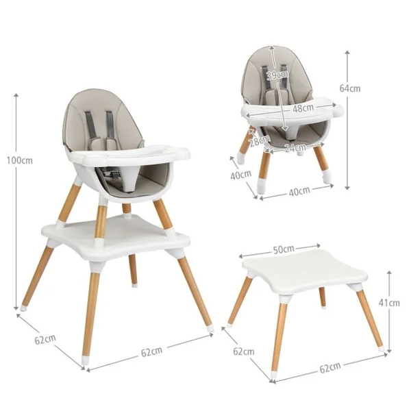 Chaise Haute Bébé 4 en 1 Plateau Réglable en 4 Etapes avec Coussin Amovible Repose-Pieds pour Bébé 6 Mois-3 Ans Charge 15KG Café/Gris/Kaki