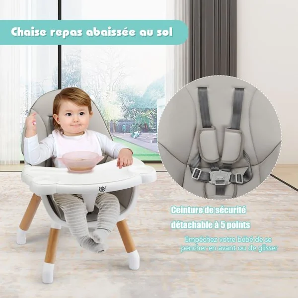 Chaise Haute Bébé 4 en 1 Plateau Réglable en 4 Etapes avec Coussin Amovible Repose-Pieds pour Bébé 6 Mois-3 Ans Charge 15KG Café/Gris/Kaki