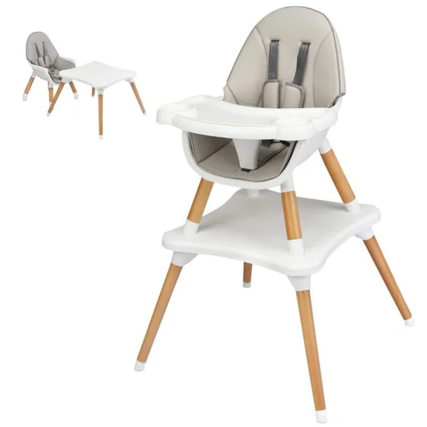 Chaise Haute Bébé 4 en 1 Plateau Réglable en 4 Etapes avec Coussin Amovible Repose-Pieds pour Bébé 6 Mois-3 Ans Charge 15KG Café/Gris/Kaki