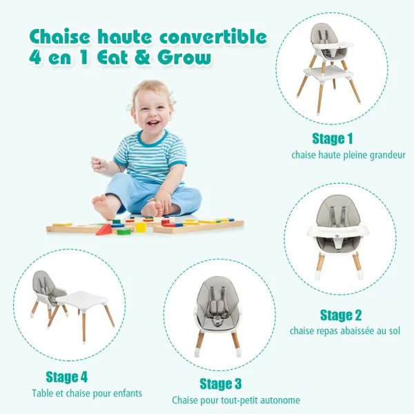 Chaise Haute Bébé 4 en 1 Plateau Réglable en 4 Etapes avec Coussin Amovible Repose-Pieds pour Bébé 6 Mois-3 Ans Charge 15KG Café/Gris/Kaki