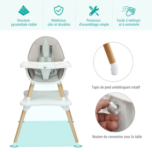 Chaise Haute Bébé 4 en 1 Plateau Réglable en 4 Etapes avec Coussin Amovible Repose-Pieds pour Bébé 6 Mois-3 Ans Charge 15KG Café/Gris/Kaki