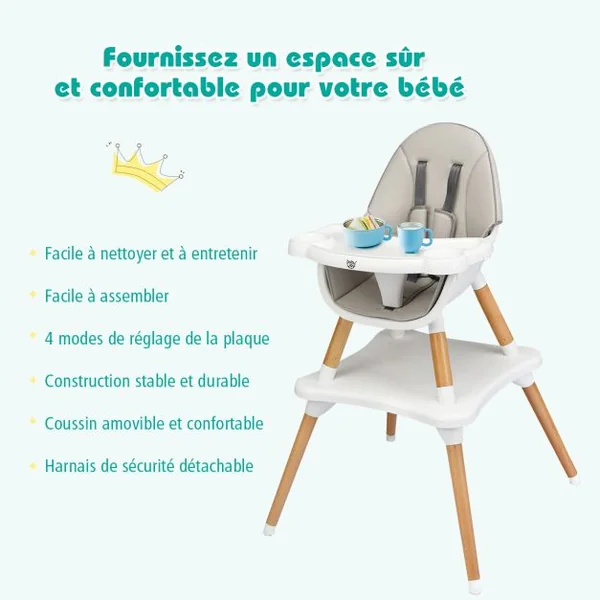 Chaise Haute Bébé 4 en 1 Plateau Réglable en 4 Etapes avec Coussin Amovible Repose-Pieds pour Bébé 6 Mois-3 Ans Charge 15KG Café/Gris/Kaki