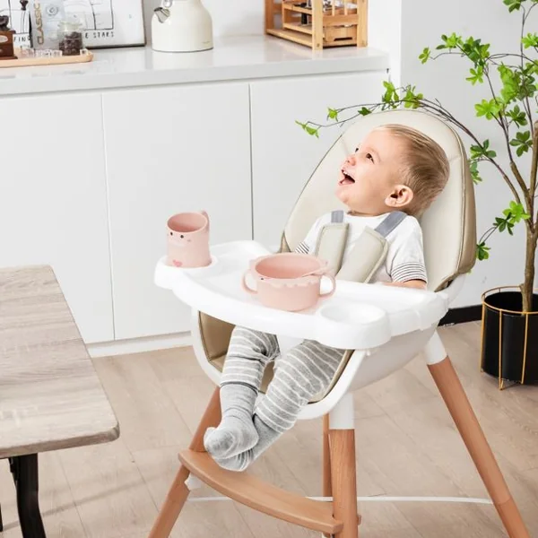 Chaise Haute Bébé avec Plateau Lavable au Lave-Vaisselle Chaise d'Alimentation en Bois pour Tout-Petits 6-36 Mois avec Coussin de Siège Amovible Charge 15KG Gris