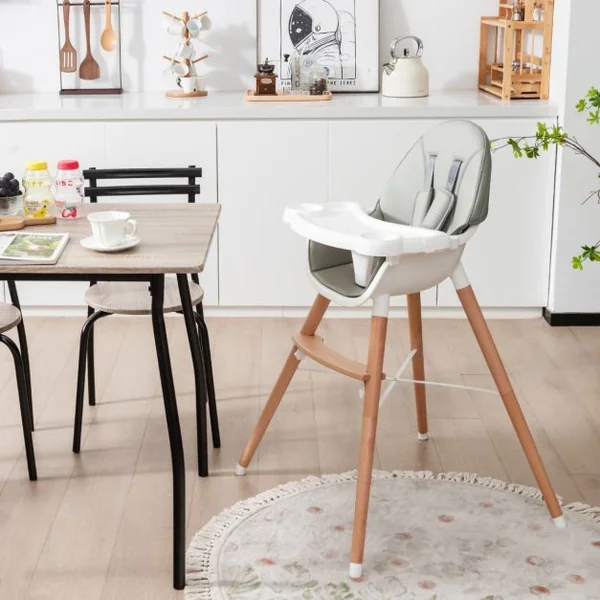 Chaise Haute Bébé avec Plateau Lavable au Lave-Vaisselle Chaise d'Alimentation en Bois pour Tout-Petits 6-36 Mois avec Coussin de Siège Amovible Charge 15KG Gris