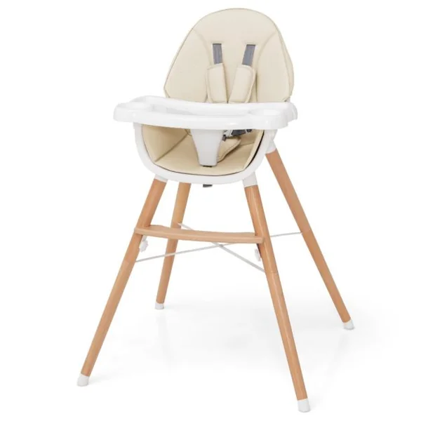 Chaise Haute Bébé avec Plateau Lavable au Lave-Vaisselle Chaise d'Alimentation en Bois pour Tout-Petits 6-36 Mois avec Coussin de Siège Amovible Charge 15KG Gris