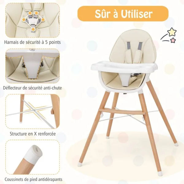 Chaise Haute Bébé avec Plateau Lavable au Lave-Vaisselle Chaise d'Alimentation en Bois pour Tout-Petits 6-36 Mois avec Coussin de Siège Amovible Charge 15KG Gris