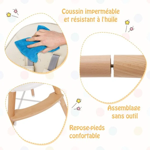 Chaise Haute Bébé avec Plateau Lavable au Lave-Vaisselle Chaise d'Alimentation en Bois pour Tout-Petits 6-36 Mois avec Coussin de Siège Amovible Charge 15KG Gris