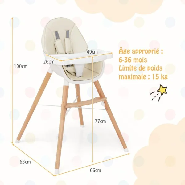 Chaise Haute Bébé avec Plateau Lavable au Lave-Vaisselle Chaise d'Alimentation en Bois pour Tout-Petits 6-36 Mois avec Coussin de Siège Amovible Charge 15KG Gris