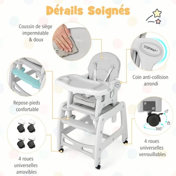 Chaise Haute Bébé Convertible avec Dossier à 3 Niveaux 4 Roues Universelles Amovibles Plateau Réglable 20KG 6-36 Mois 5 Couleurs au Choix