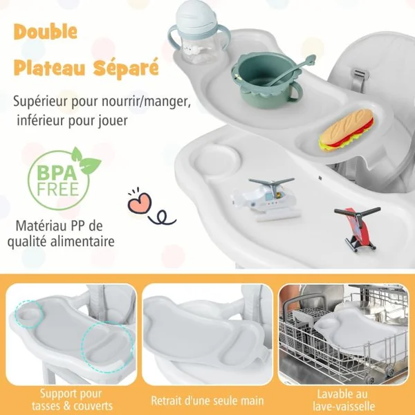 Chaise Haute Bébé Convertible avec Dossier à 3 Niveaux 4 Roues Universelles Amovibles Plateau Réglable 20KG 6-36 Mois 5 Couleurs au Choix