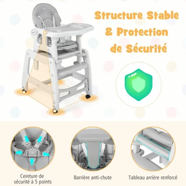 Chaise Haute Bébé Convertible avec Dossier à 3 Niveaux 4 Roues Universelles Amovibles Plateau Réglable 20KG 6-36 Mois 5 Couleurs au Choix