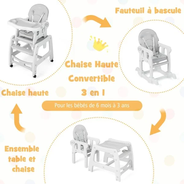 Chaise Haute Bébé Convertible avec Dossier à 3 Niveaux 4 Roues Universelles Amovibles Plateau Réglable 20KG 6-36 Mois 5 Couleurs au Choix