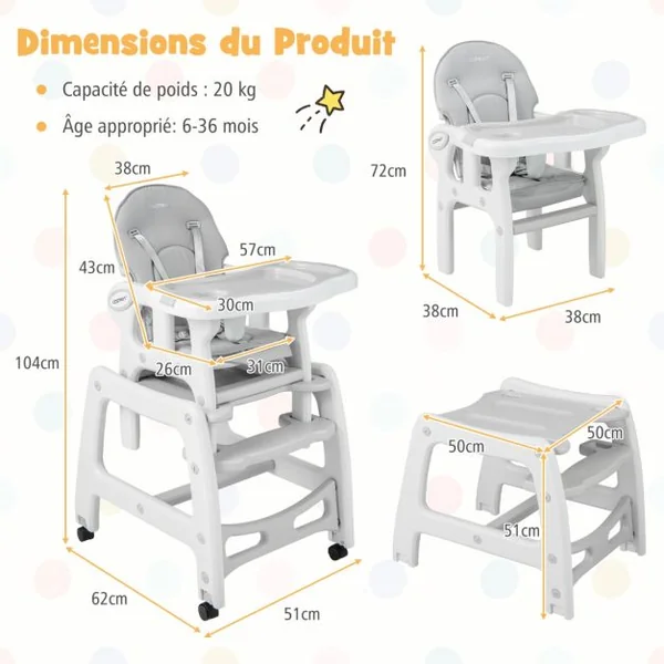 Chaise Haute Bébé Convertible avec Dossier à 3 Niveaux 4 Roues Universelles Amovibles Plateau Réglable 20KG 6-36 Mois 5 Couleurs au Choix