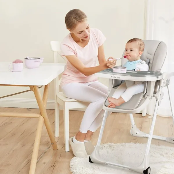 Chaise Haute Bébé Convertible Bauteur Réglable Dossier Inclinable Repose-pieds Plateau Amovible Lavable au Lave-vaisselle Chaise Haute Portable Gris