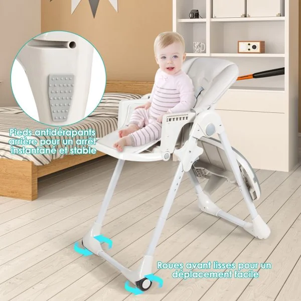 Chaise Haute Bébé Convertible Bauteur Réglable Dossier Inclinable Repose-pieds Plateau Amovible Lavable au Lave-vaisselle Chaise Haute Portable Gris