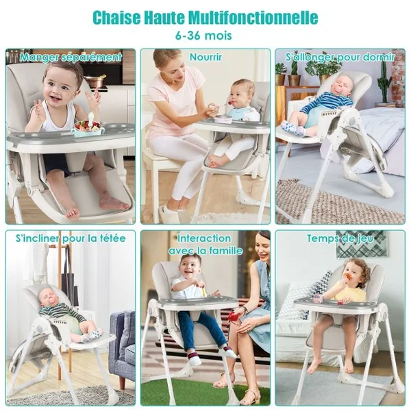 Chaise Haute Bébé Convertible Bauteur Réglable Dossier Inclinable Repose-pieds Plateau Amovible Lavable au Lave-vaisselle Chaise Haute Portable Gris