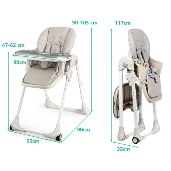 Chaise Haute Bébé Convertible Bauteur Réglable Dossier Inclinable Repose-pieds Plateau Amovible Lavable au Lave-vaisselle Chaise Haute Portable Gris
