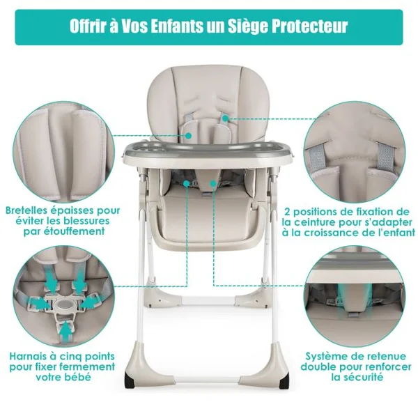 Chaise Haute Bébé Convertible Bauteur Réglable Dossier Inclinable Repose-pieds Plateau Amovible Lavable au Lave-vaisselle Chaise Haute Portable Gris