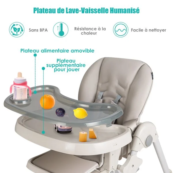Chaise Haute Bébé Convertible Bauteur Réglable Dossier Inclinable Repose-pieds Plateau Amovible Lavable au Lave-vaisselle Chaise Haute Portable Gris